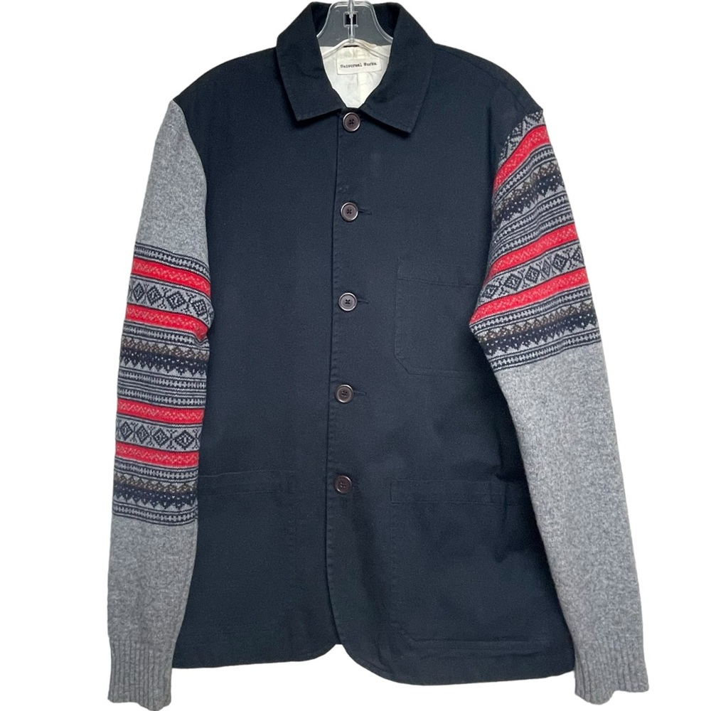 Universal Works Button Chore Jacket Coat Navy Blue / Gray Cotton/Wool Men Size L